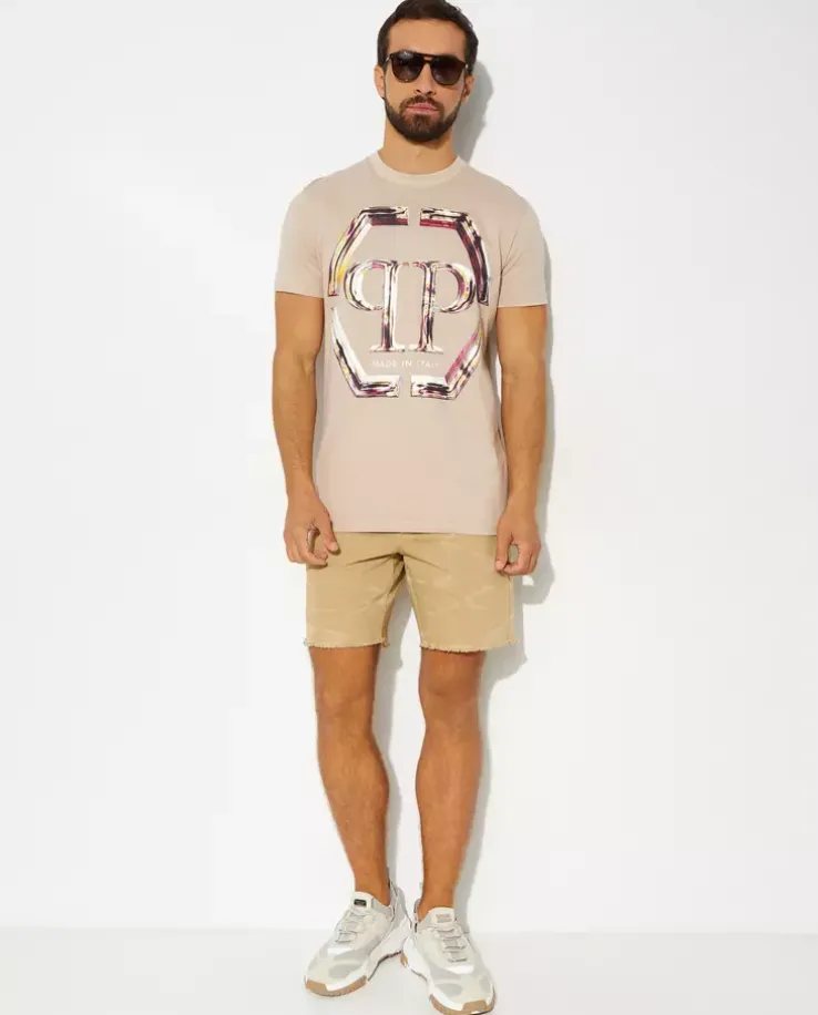 Beżowy t-shirt z monogramem Glass