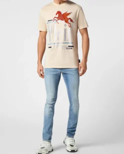 Beżowy t-shirt ze zdobieniem