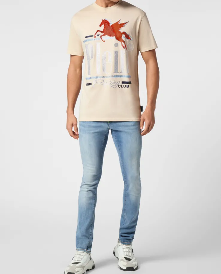 Beżowy t-shirt ze zdobieniem