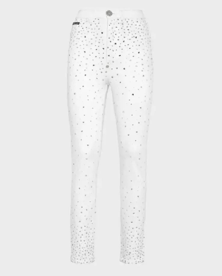 Białe jeansy z kryształami Super High Waist