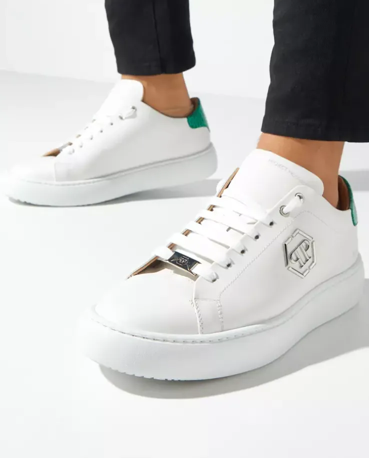 Białe sneakersy Hexagon z zieloną zapiętką