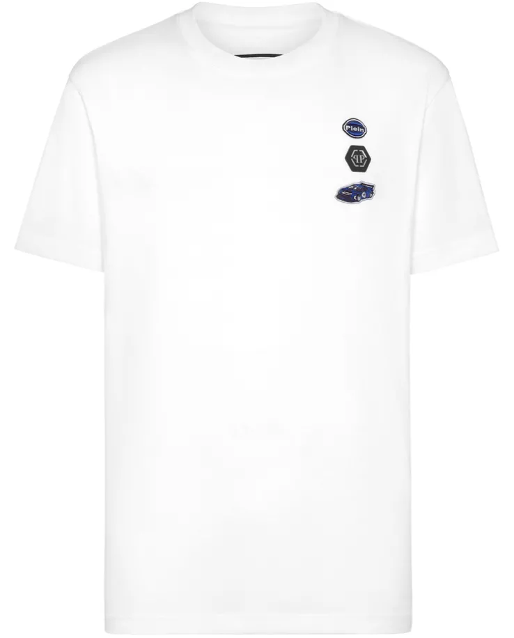 Biały bawełniany t-shirt z naszywkami