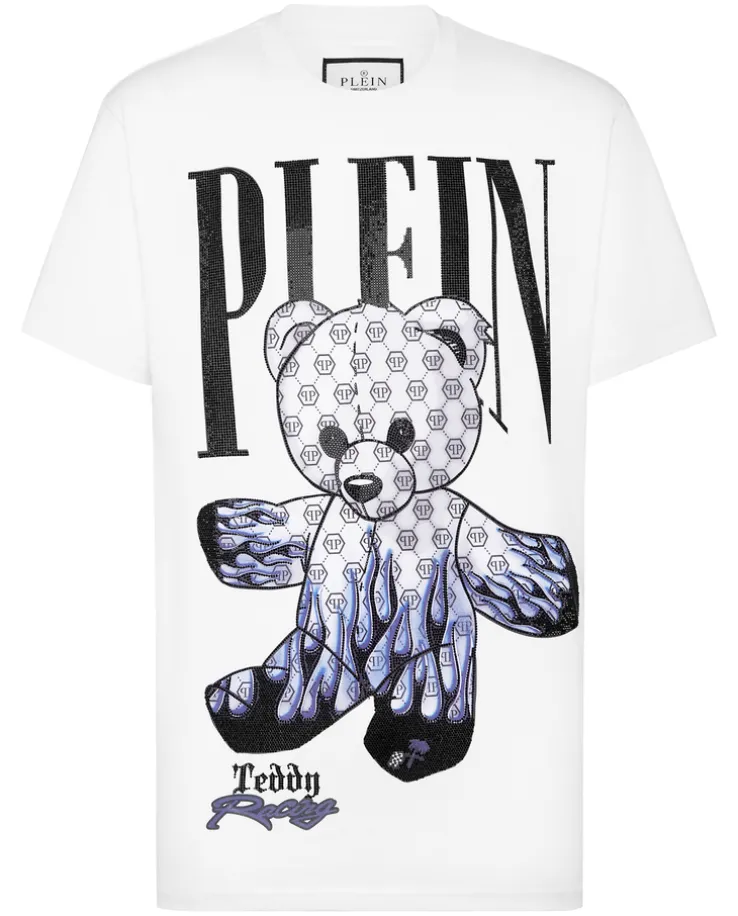 Biały t-shirt z ozdobnym misiem i logo
