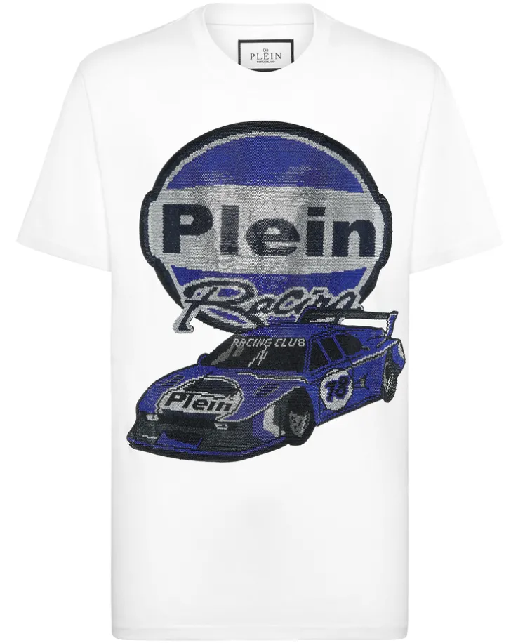 Biały t-shirt z ozdobnym nadrukiem samochodu