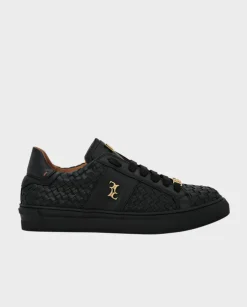 Czarne skórzane sneakersy z plecionką
