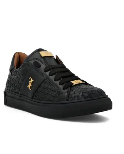 Czarne skórzane sneakersy z plecionką