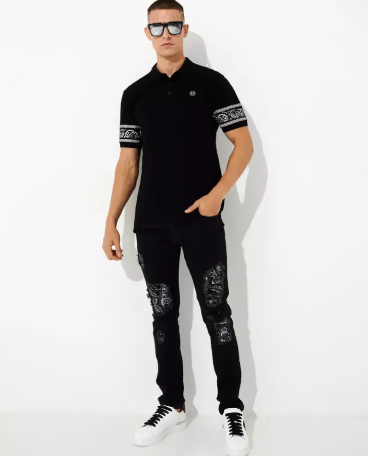 Czarny koszulka polo SS Paisley z czaszką