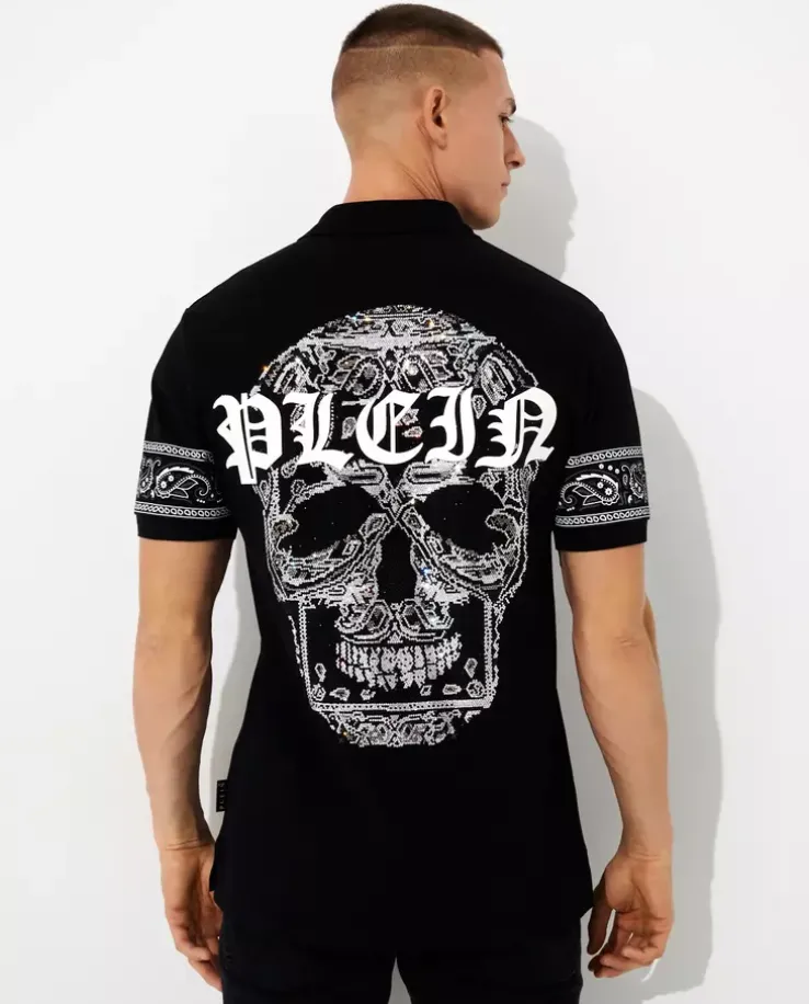 Czarny koszulka polo SS Paisley z czaszką