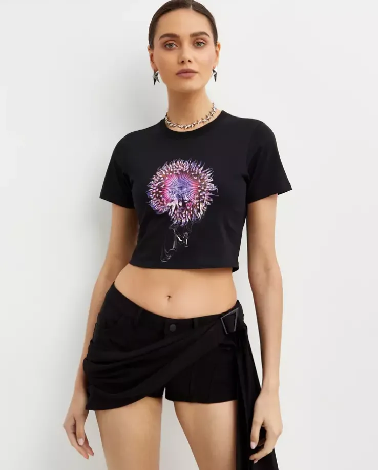 Czarny krótki t-shirt z nadrukiem Orchid Anemone