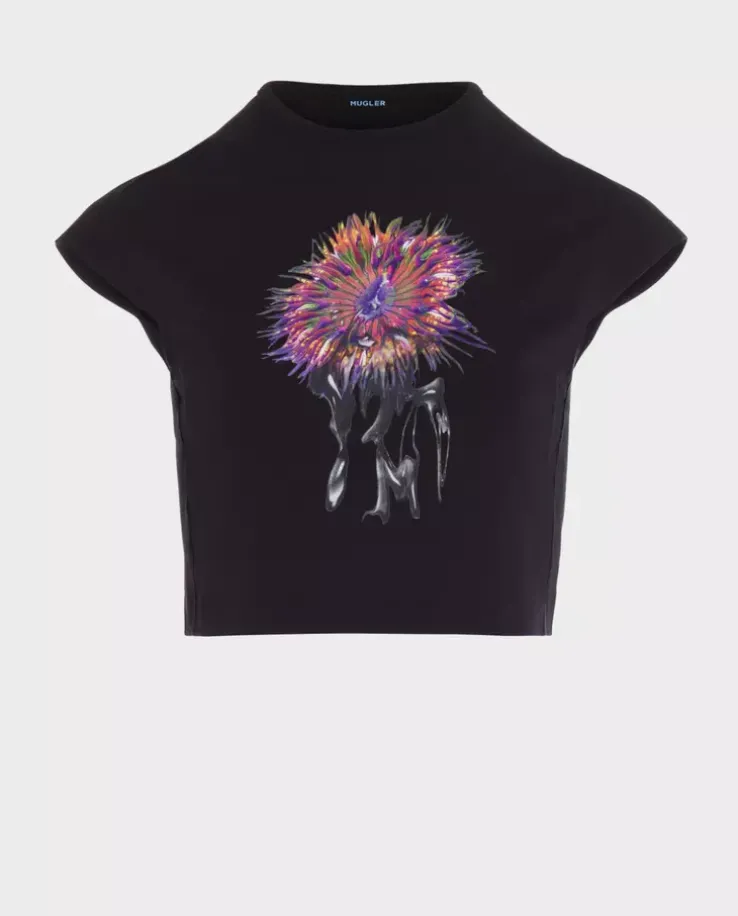 Czarny krótki t-shirt z nadrukiem Orchid Anemone