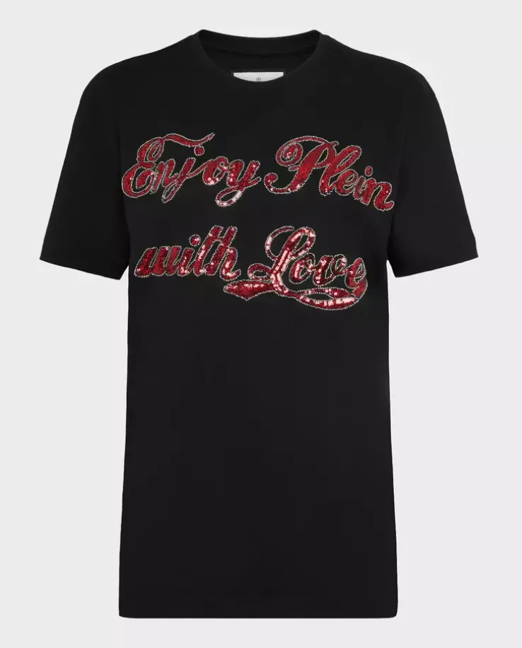 Czarny t-shirt z cekinowym napisem