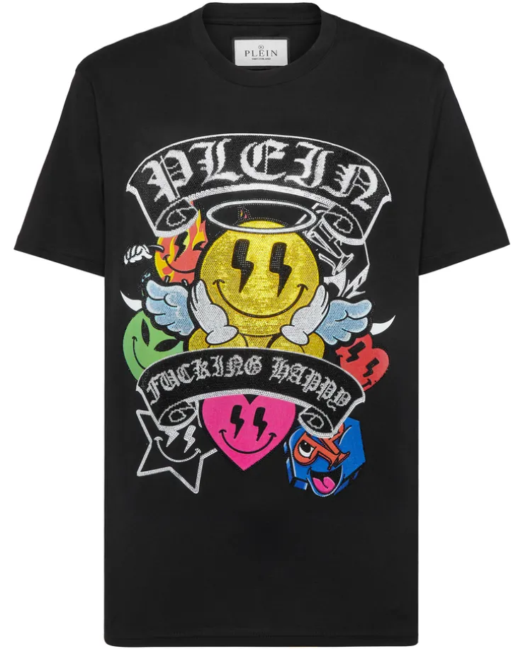 Czarny t-shirt z dużym zdobieniem z kryształów
