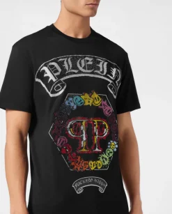 Czarny t-shirt z kolorową aplikacją z kryształów
