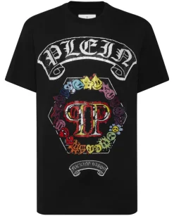 Czarny t-shirt z kolorową aplikacją z kryształów