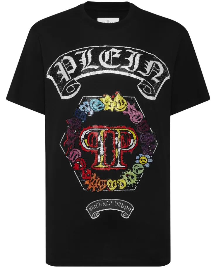 Czarny t-shirt z kolorową aplikacją z kryształów
