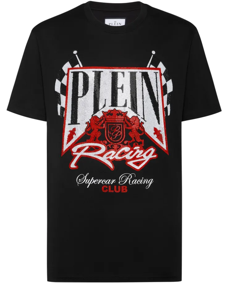 Czarny t-shirt z kolorowymi kryształami Racing Club