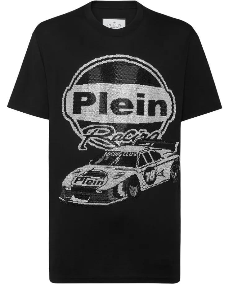 Czarny t-shirt z ozdobnym nadrukiem samochodu