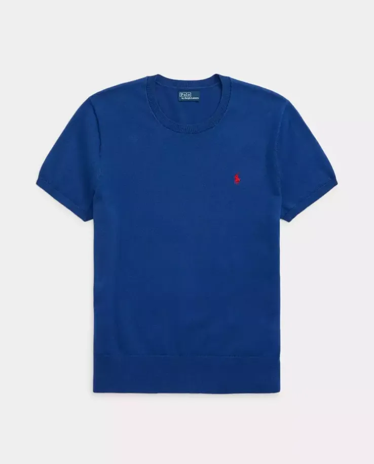 Dzianinowy niebieski sweter z krótkim rękawem i logo