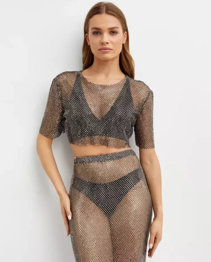 Grafitowy crop top z siateczki