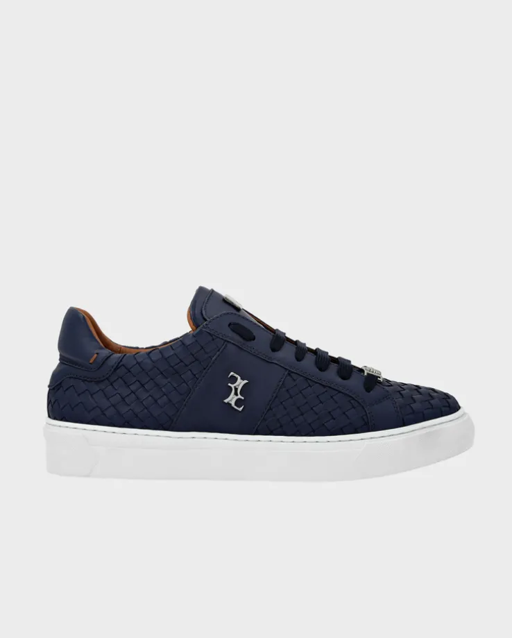 Granatowe skórzane sneakersy z plecionką