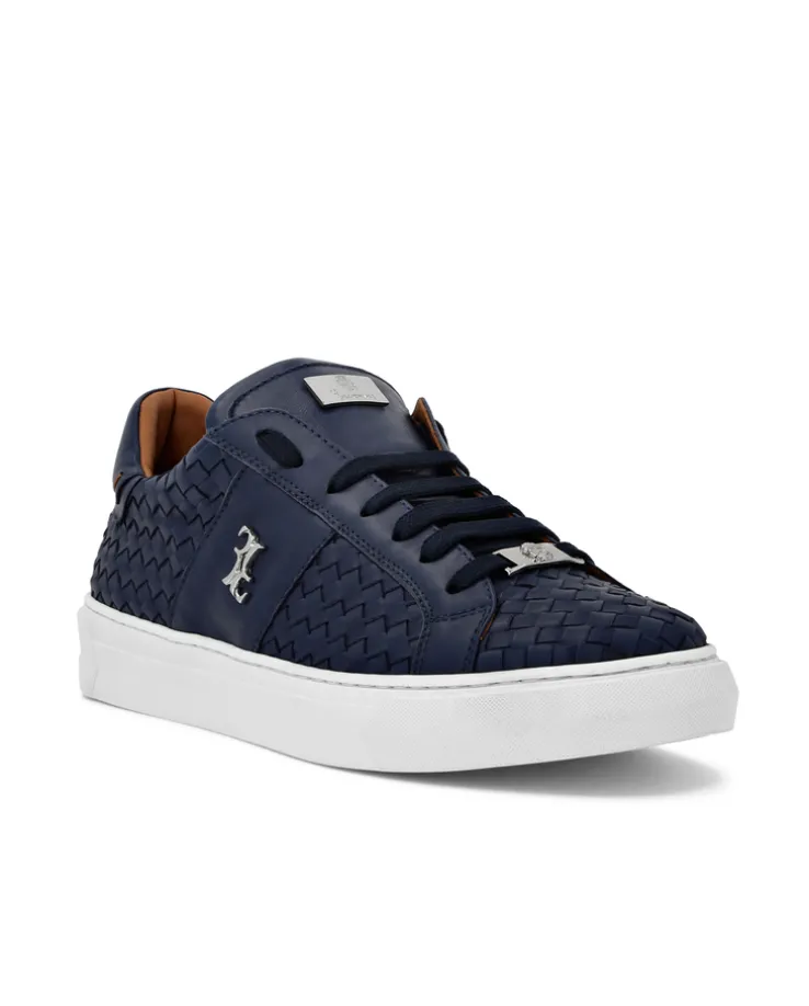 Granatowe skórzane sneakersy z plecionką