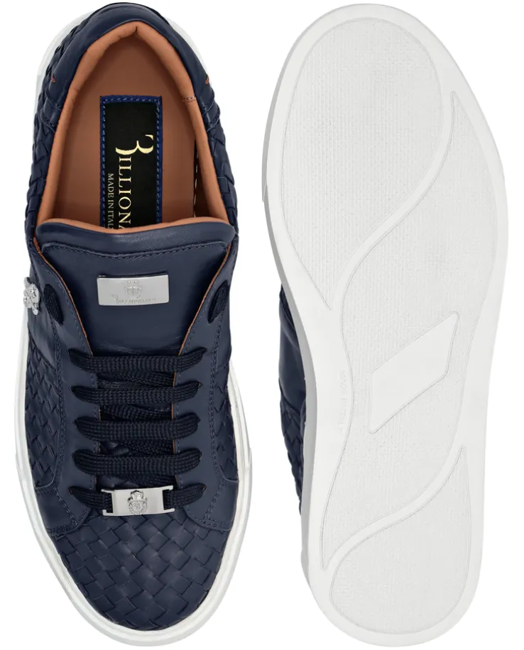 Granatowe skórzane sneakersy z plecionką