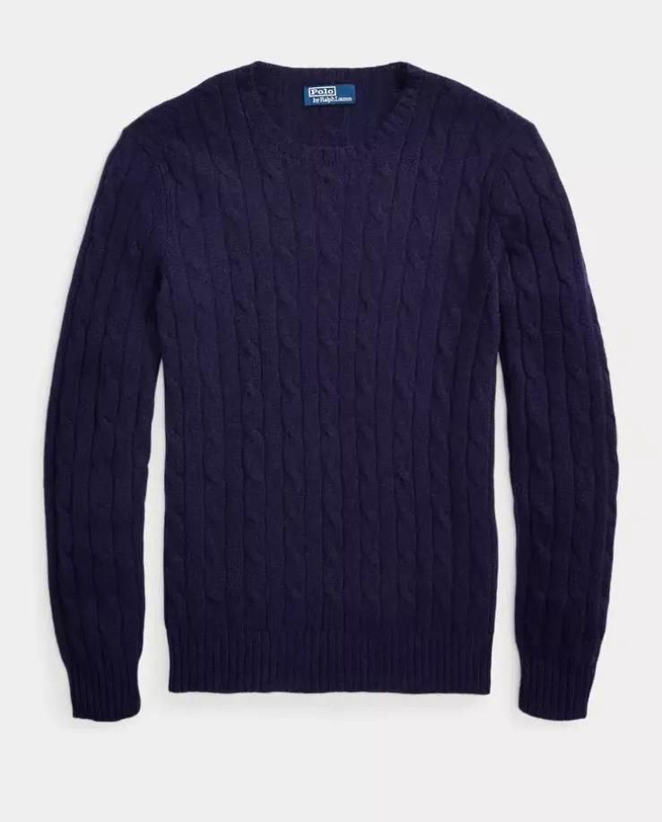 Kaszmirowy granatowy sweter o warkoczowym splocie