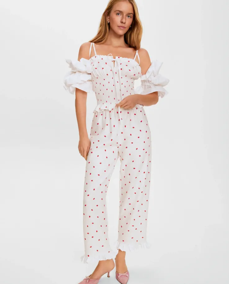 Lniane spodnie z printem Puff Strawberries