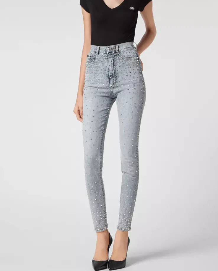 Niebieskie jeansy z kryształami Super High Waist