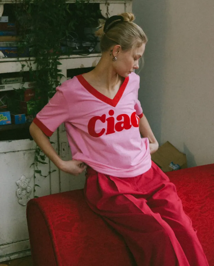 Różowy t-shirt Ciao Sunday V-neck