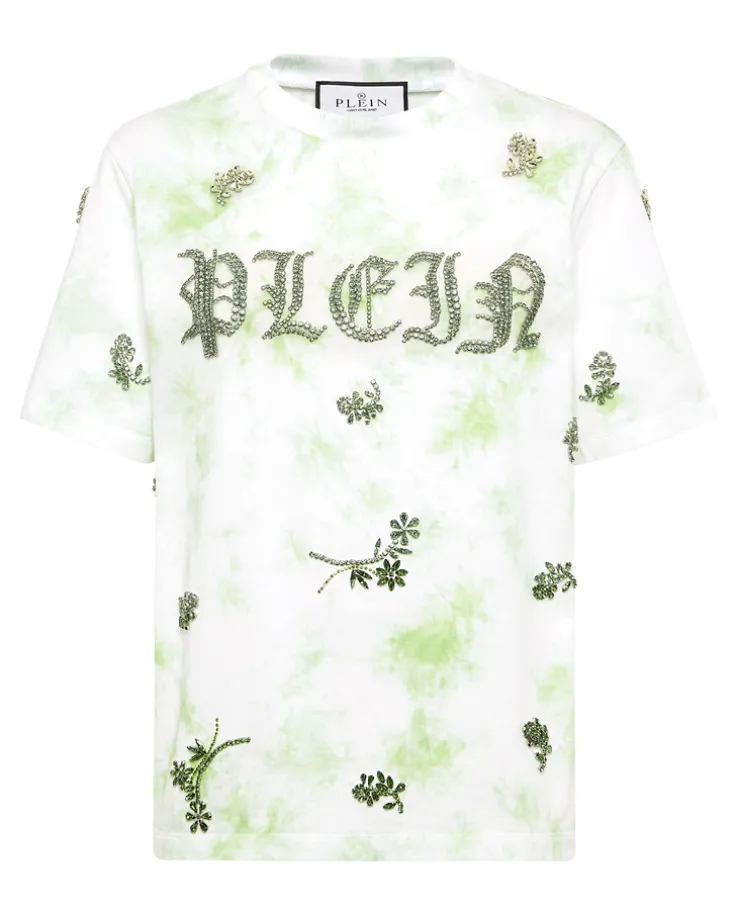 T-Shirt tie-dye z aplikacjami z kryształów