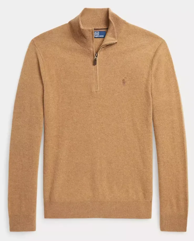 Wełniany beżowy sweter z suwakiem i logo